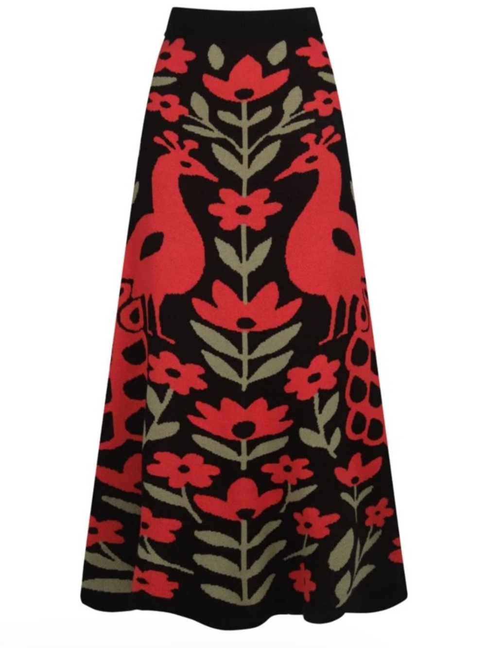 OXKNIT Phoenix Vintage Knit Maxi Skirt-Red/Black-Birds-XL-Retro/70s-NWT-Winter
